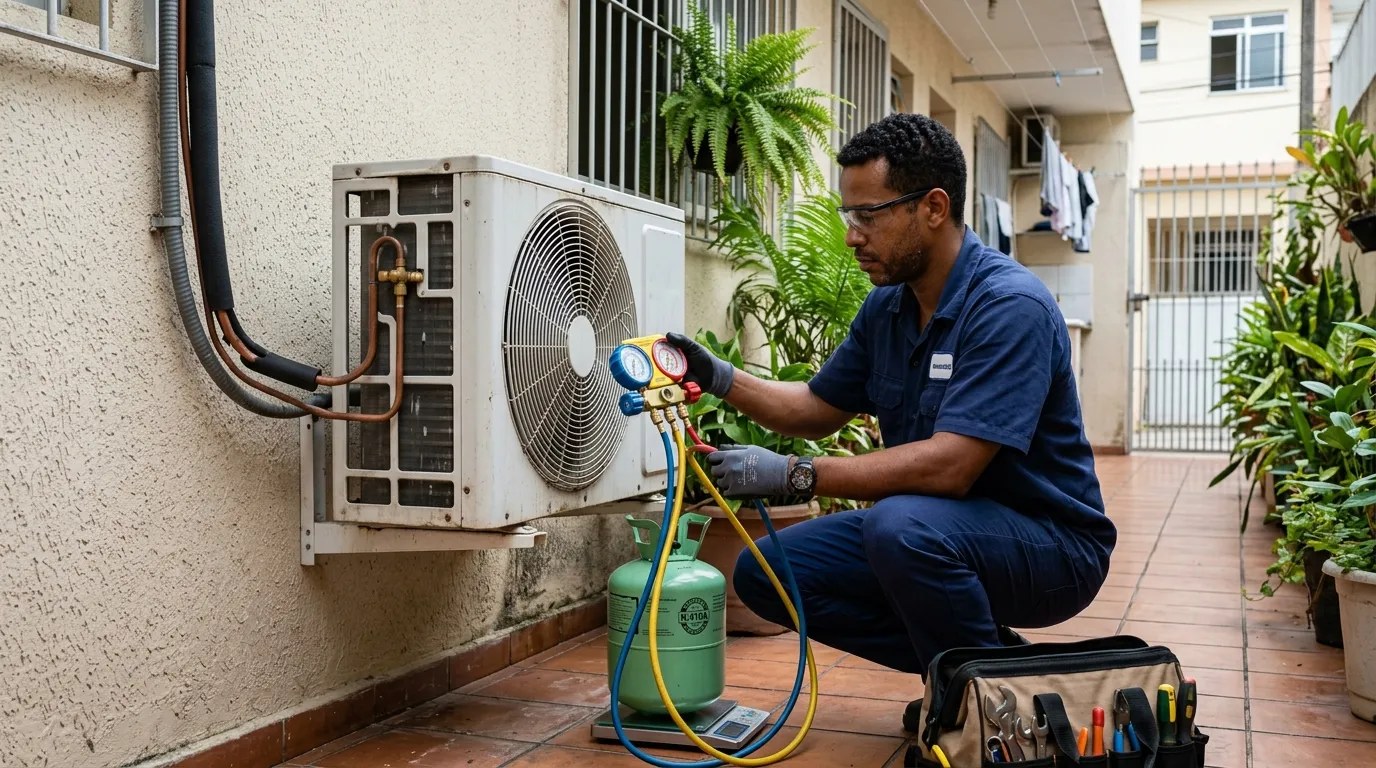 Técnico fazendo carga de gás na condensadora do ar-condicionado em Serra‑ES