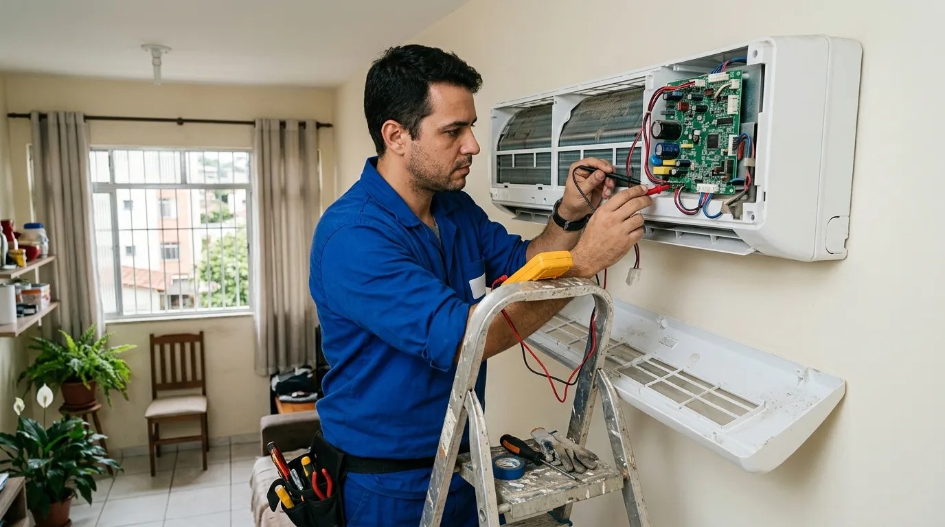 Técnico trocando a placa eletrônica de ar-condicionado split em Serra‑ES
