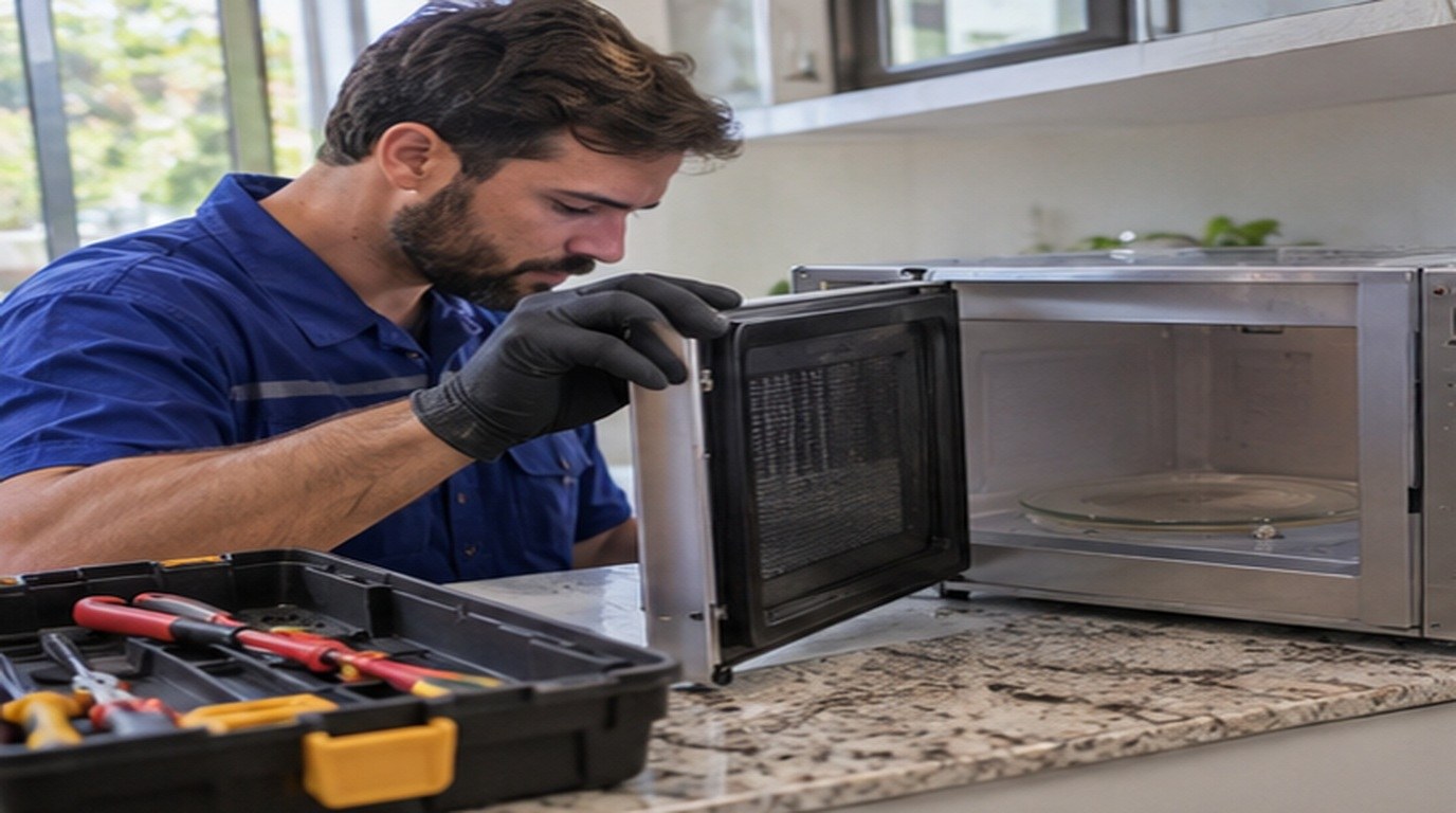 Conserto de micro-ondas em Serra‑ES: técnico abrindo um micro-ondas de bancada