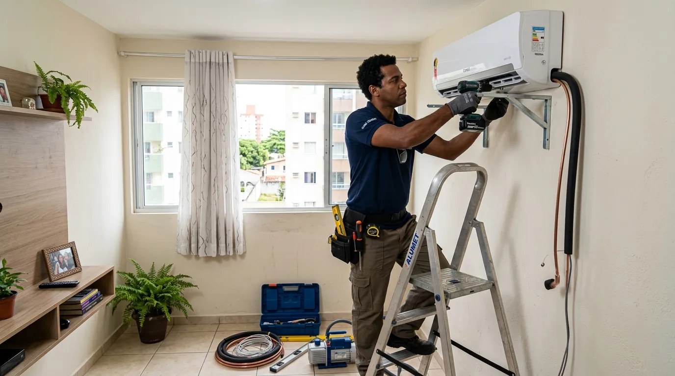 Técnico instalando ar-condicionado split em residência em Serra‑ES