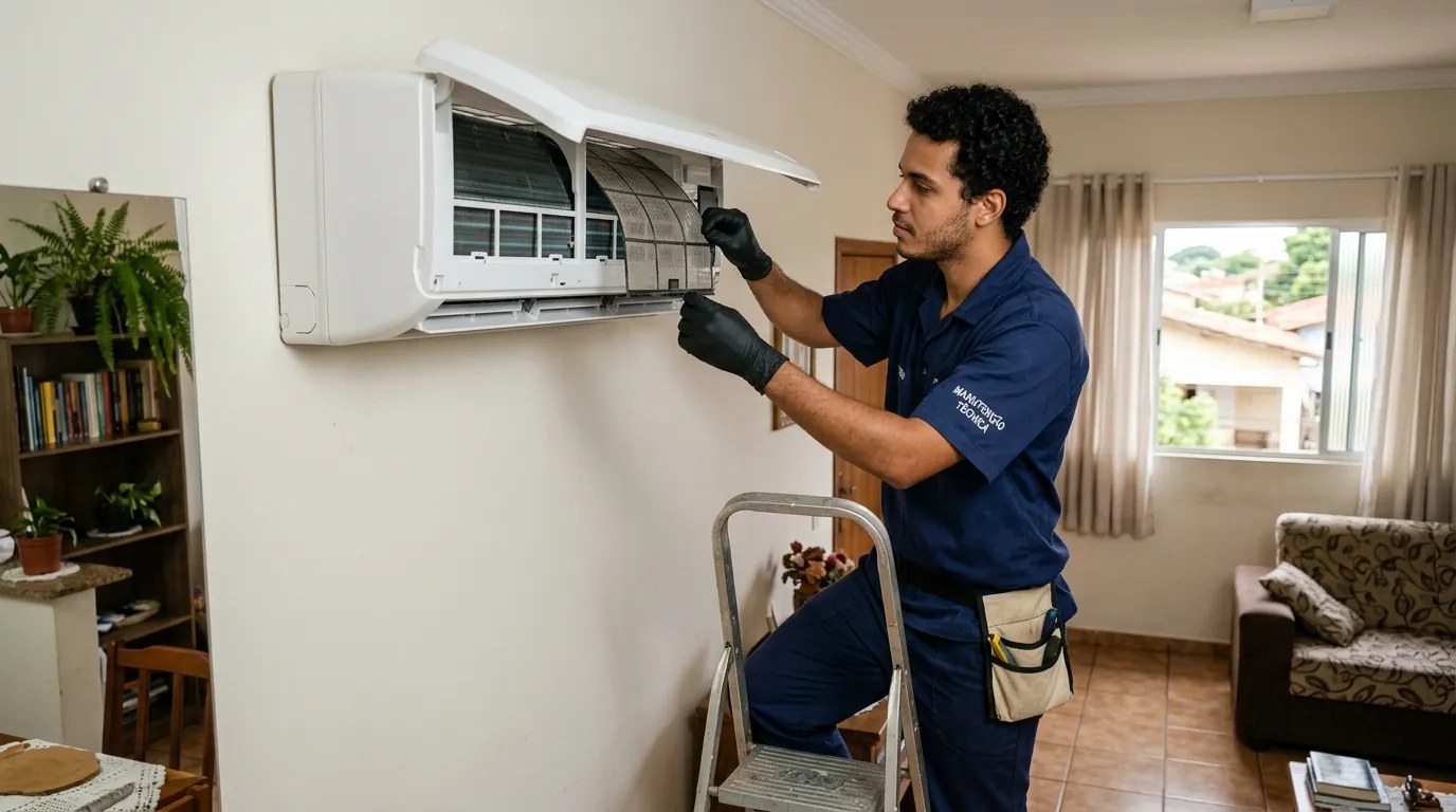 Técnico fazendo limpeza e higienização de ar-condicionado split em Serra‑ES
