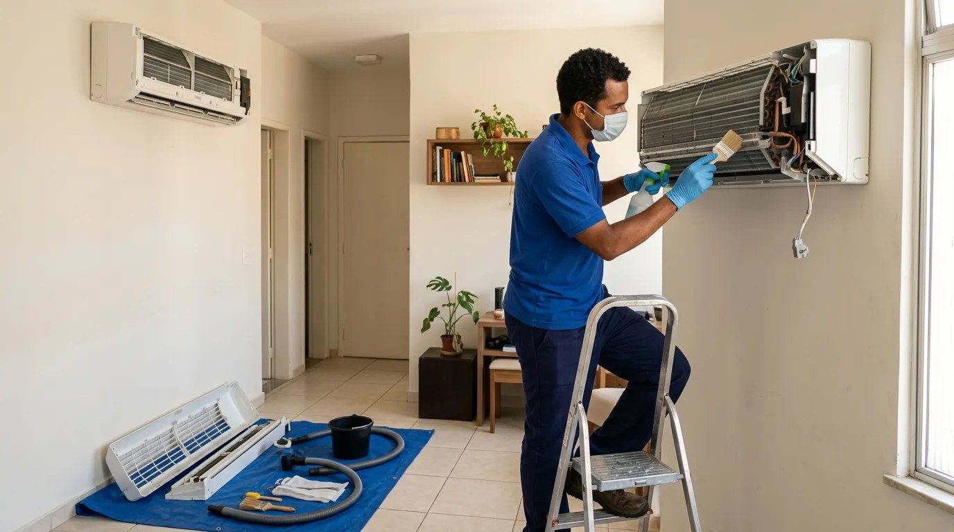 Técnico fazendo manutenção de ar-condicionado split em Serra‑ES
