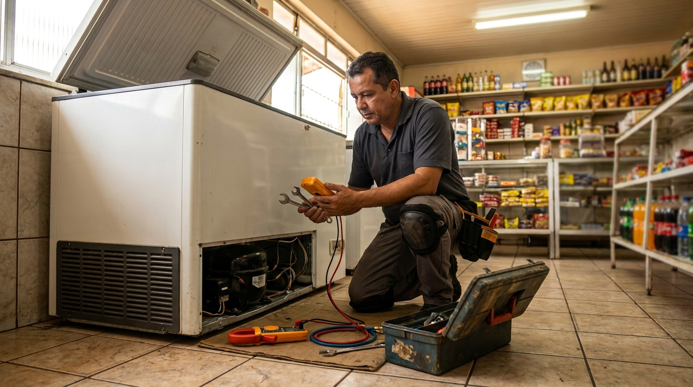 Técnico avaliando um freezer vertical durante atendimento em Serra‑ES