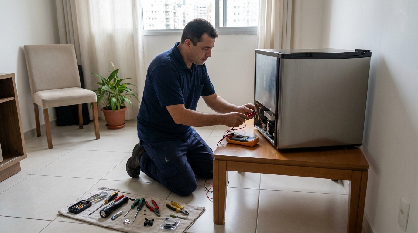 Técnico avaliando um frigobar compacto durante atendimento em Barcelona, Serra‑ES